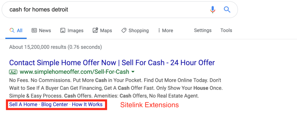 what sitelink extensions look like in Google search results