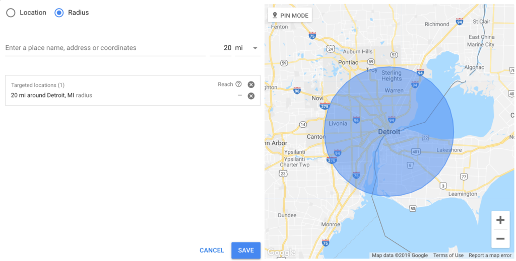 AdWords location targeting options