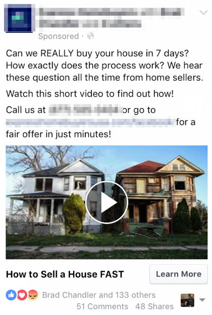 example facebook remarketing ad for real estate investors