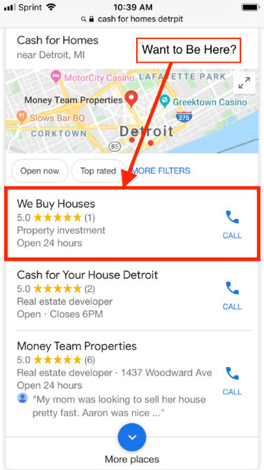 top ranking Google Map listing for real estate investors in Detroit MI